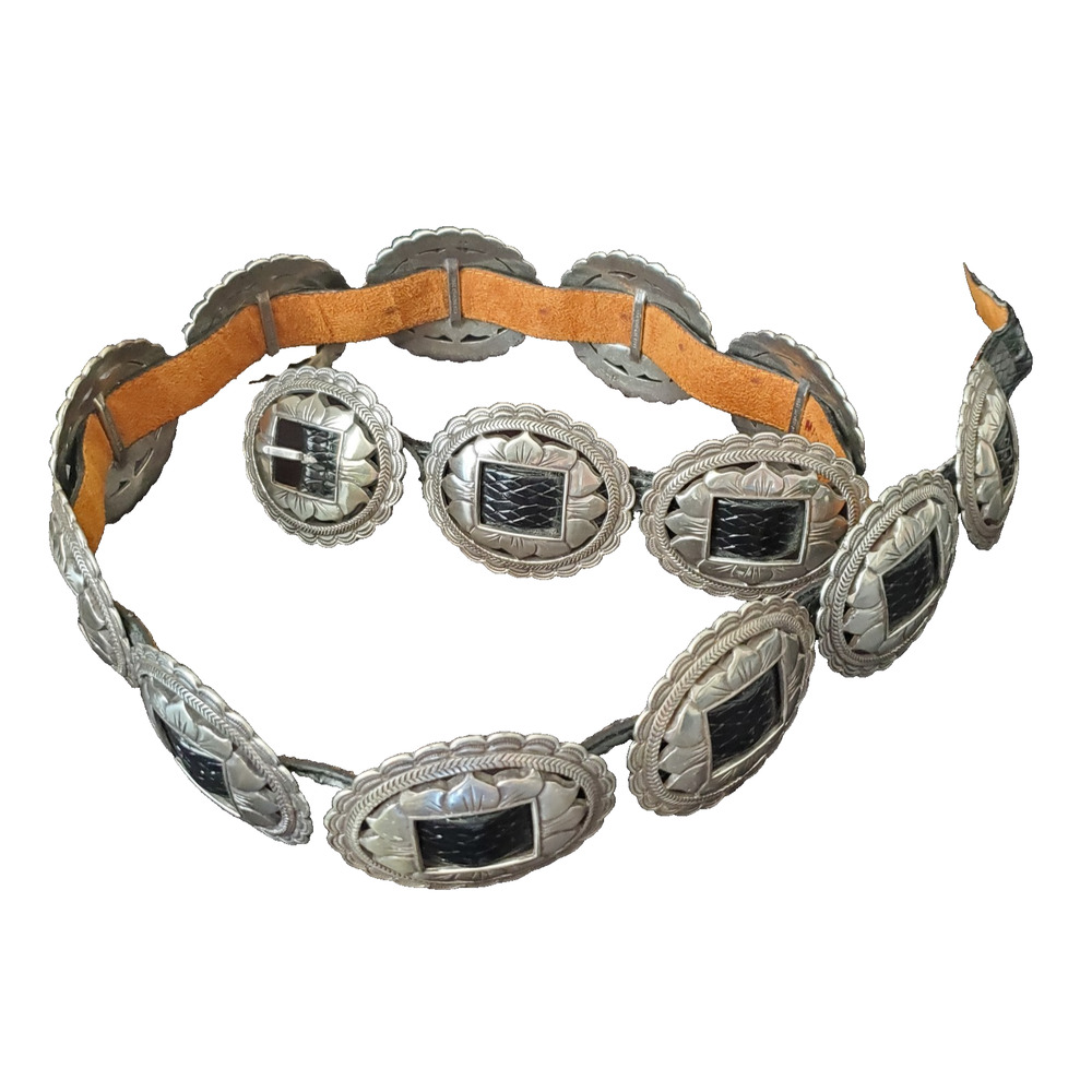 Vintage BRIGHTON 1993 Women's Black Leather Belt Silver Concho Sunflower 37"